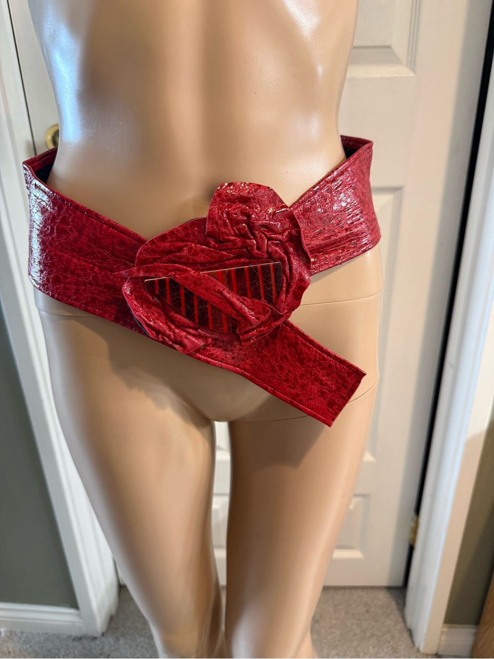 Vintage 80s Red Faux Leather Belt Big Funky Buckle Fits 30-32 Waist Or Hip